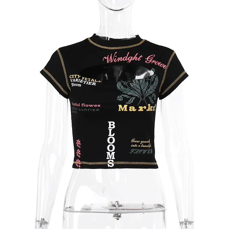 Hollow Out Crop Top Women Summer Aesthetic Clothes Printing Y2k Accessories O-Neck Ropa De Mujer Sexy Roupas Femininas Estilosas