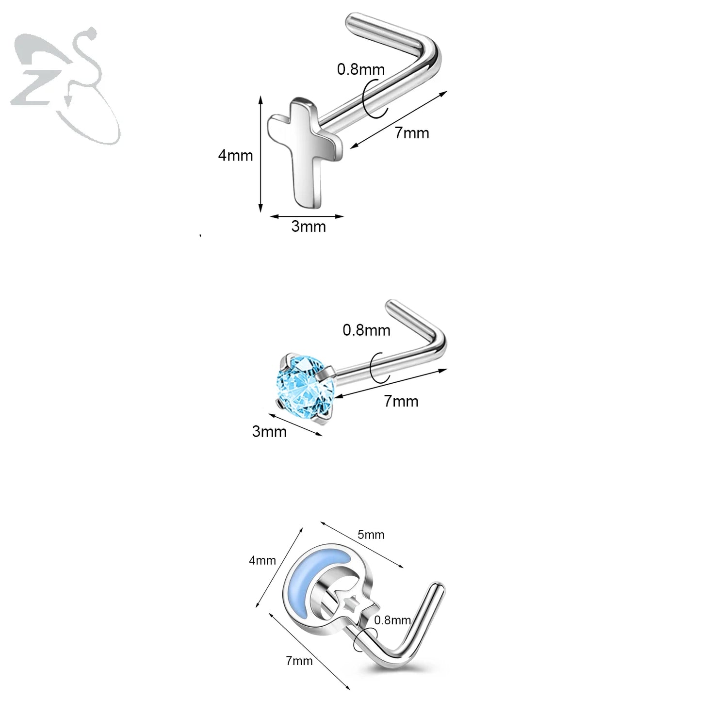 ZS 3pcs/lot 20G Stainless Steel Nose Stud Set Moon Heart Butterfly Crystal Nose Piercing Screw L Shape Nostril Piercing Jewelry