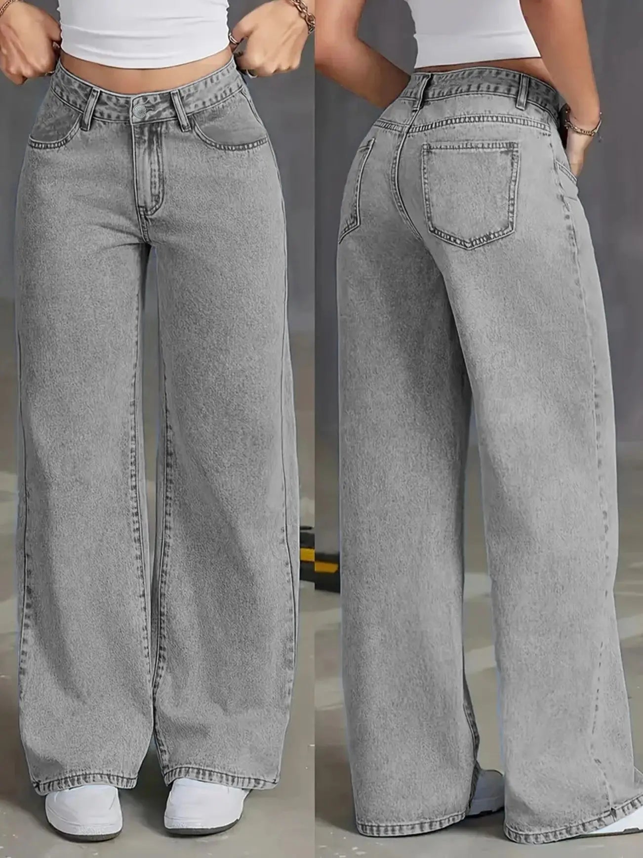 Autumn new high-waisted wide-leg women's jeans - light grey washed jeans, loose and fashionable, suitable for casual wear