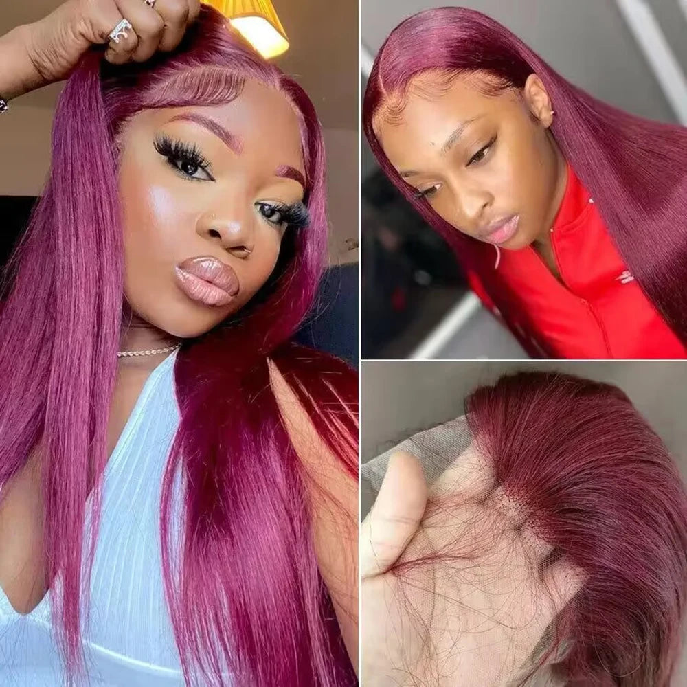 Burgundy HD Lace Front Wig — Straight 99J Human Hair, 200% Density