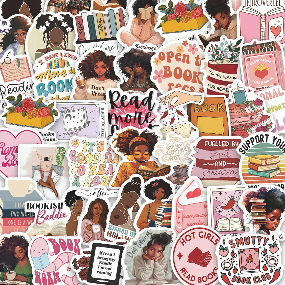 60pcs/set popular cross-border stickers of Black girls reading, waterproof decorative stickers