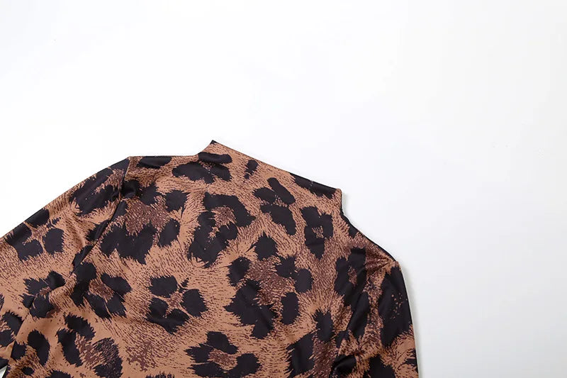 FAGADOER Sexy Leopard Print Two Piece Outfits Woman Round Neck Long Sleeves Crop Top and Skiny Pants Female Streetwear Clothing