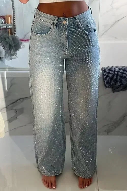 Jeans for Women Straight Diamonds Pants Stretch High Waist Washed Mom Jeans Vintage Denims Streetwear Y2k Streetwear Trousers