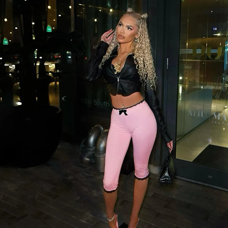 CUTENOVA Sexy Hottie Lace Edge Bow Decoration Leopard Print Slim Seven Pants Summer New Women'S Fashion Street Casual Seven Pant