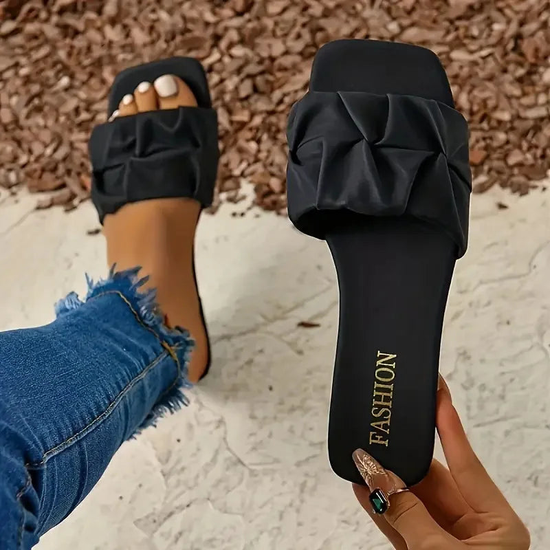 Summer Slippers for Women Flip Flops Flats  New Pleated Korean Slippers Women Sandals Green Slip on Shoes Plus Size 35-43