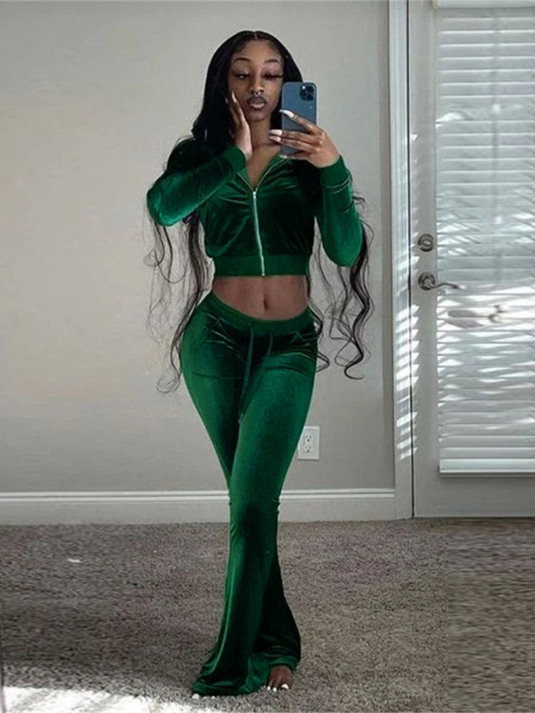 Kliou Solid Velour Two Piece Set Women Simple Casual Zipper Long Sleeve Turtleneck Top+Bandage Lace Slim Female Wide Leg Pants