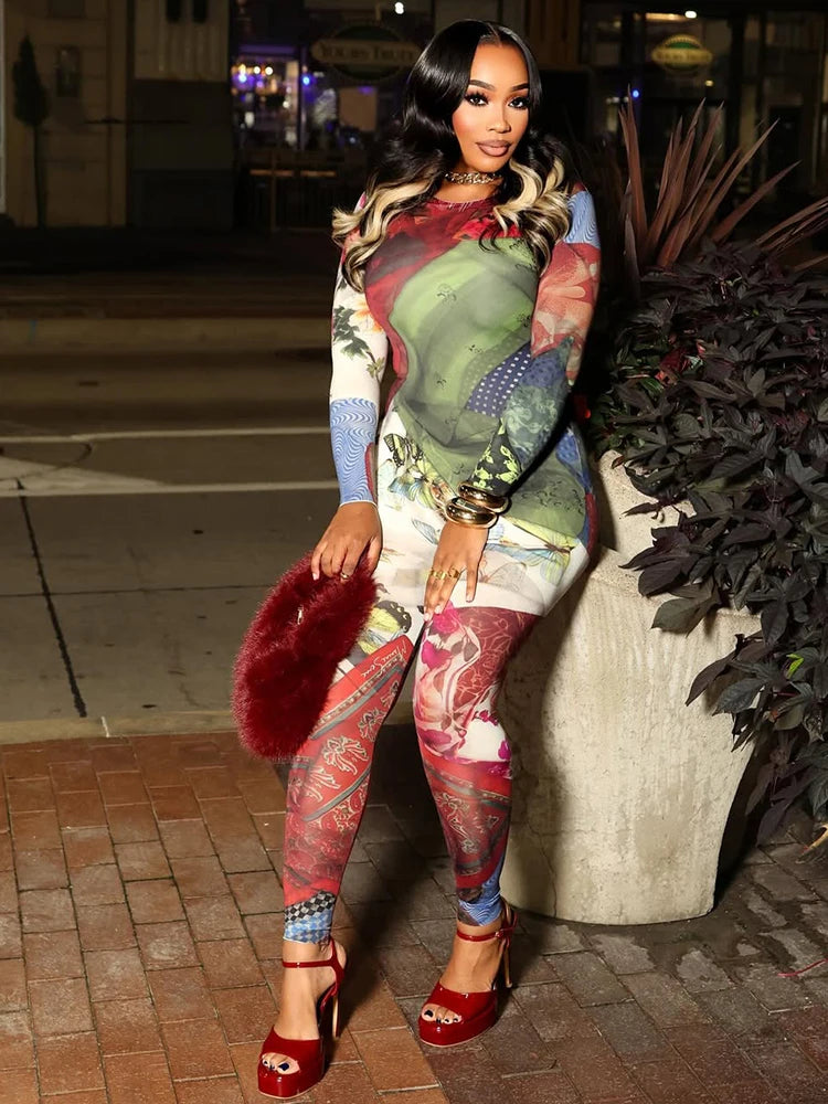 Weird Puss Colorful Print Jumpsuits Woman Fitness Casual Trend O-Neck Skinny Activity Streetwear Fall Stretch Hipster Overalls