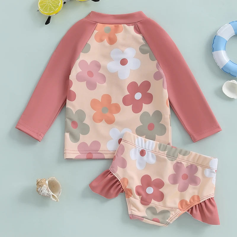 Baby Girls Bathing Suit Set Floral Long Sleeve Back Zip Up Rash Guard Swimsuit + Swim Shorts Infant Toddler Child Beachwear