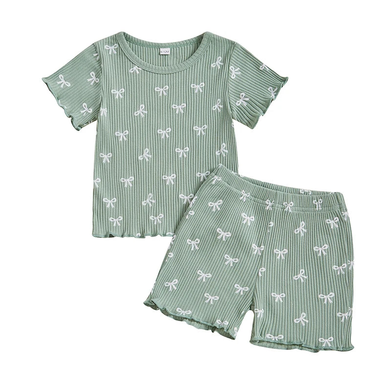 2024-12-09 Lioraitiin Toddler Baby Girl Bow Ribbed Outfit Lettuce Trim Short Sleeve Tops Elastic Waist Shorts Summer Set
