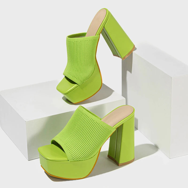 Aneikeh Summer Knitting Yarn Pleated Platform Rome Shallow Thick Bottom Peep Toe Thin Heels Women Sandals Slip-On Party Shoes
