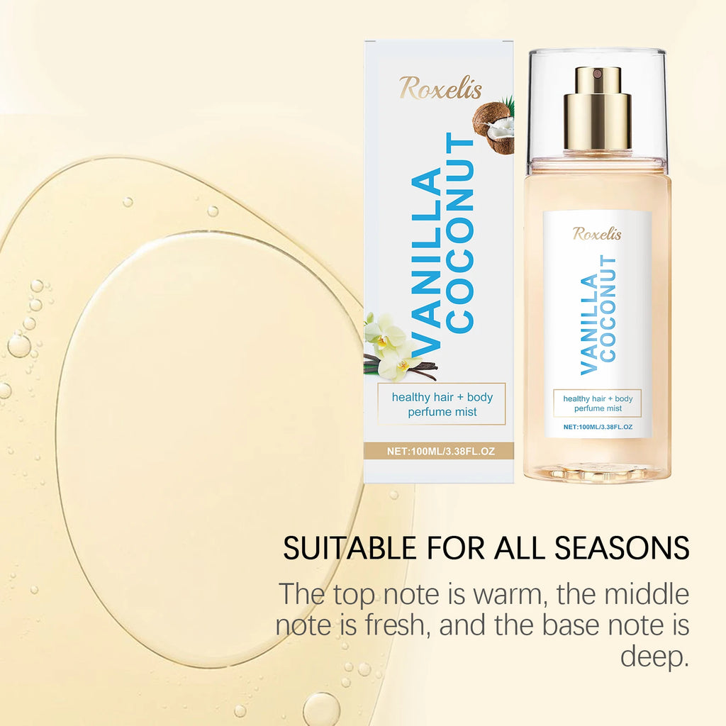 Vanilla Coconut Body Hair Mist - Long Lasting Fresh Romantic Fragrance, Travel Size Portable Spray Women Men Daily & Dating Use