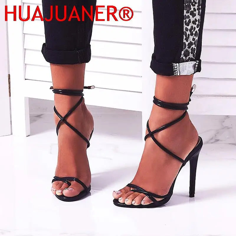 European Summer Sandals Candy Color Point Toe Lace Ankle Strap Party High Heels Pumps 11.5cm High Thin Heel Sandals Lady
