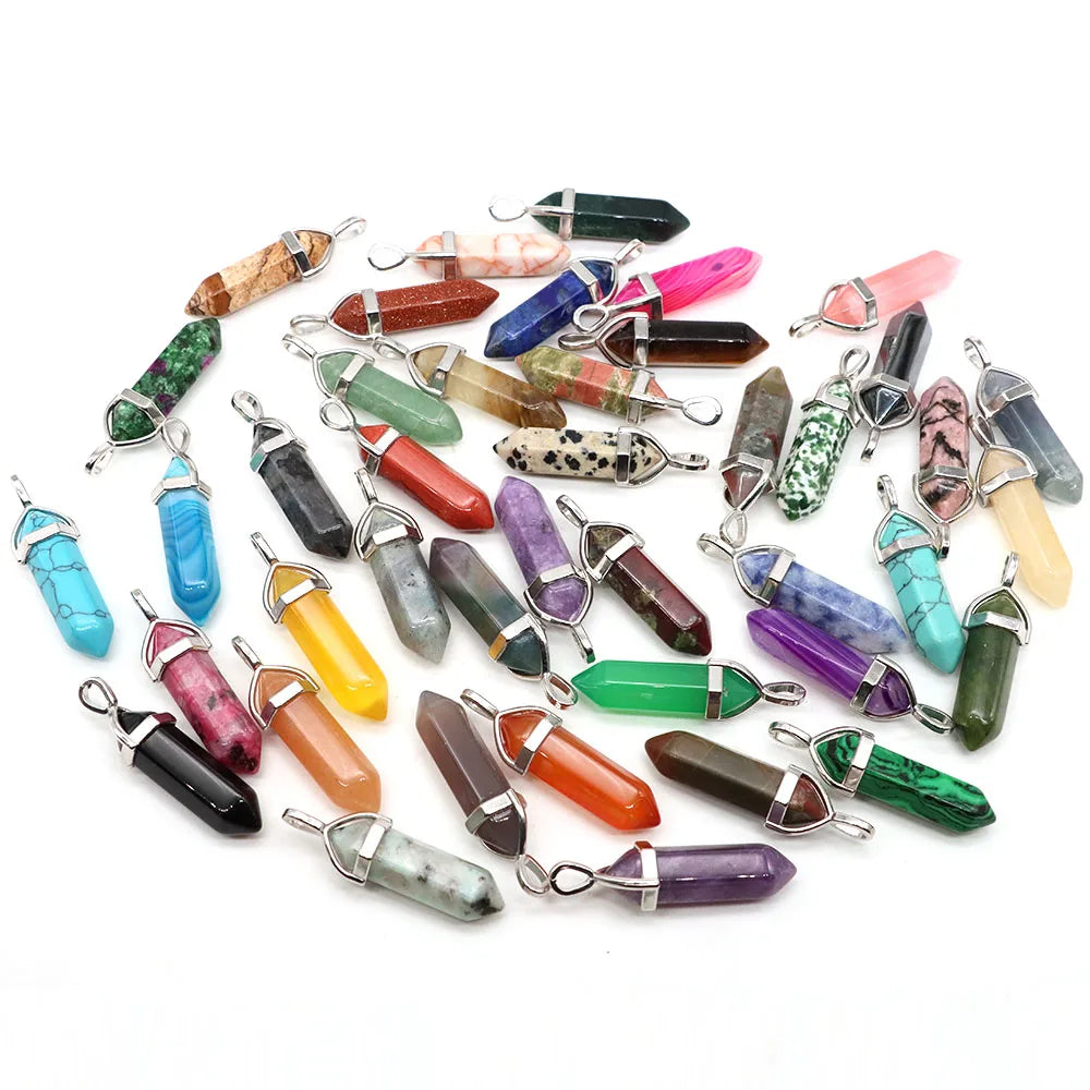 1PC Hexagonal Chakra Crystal Pendant Bullet Shape Natural Gemstone Pointed Quartz Stone Pendants for DIY Necklace Jewelry Making