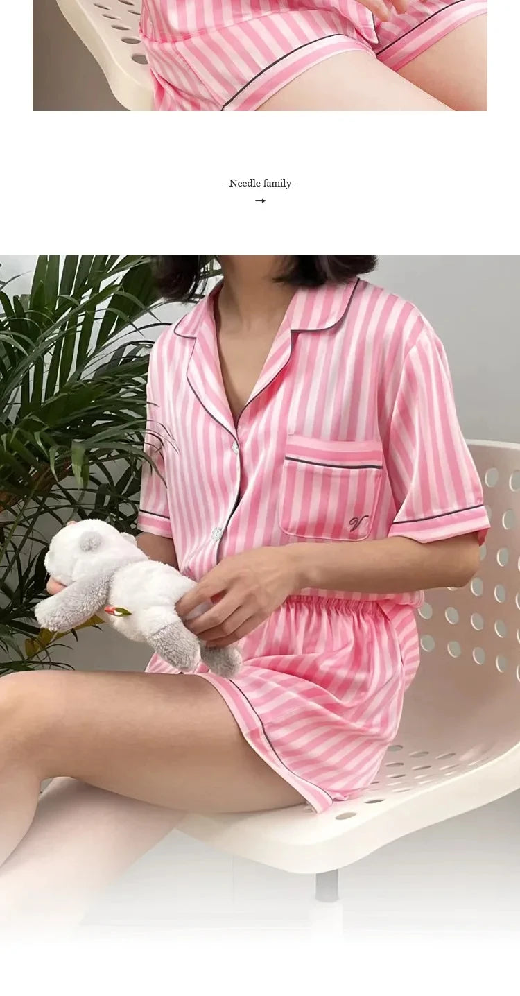 Large Size Women Pajamas Set Short-Sleeved Student Homewear Two-Piece Cardigan Lapel Senior Sense of Striped Short-Sleeved Short