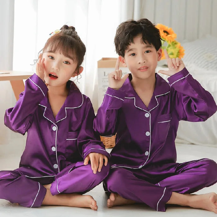 Children's Clothing Teen Girl Pink Satin Pajamas Long Sleeve Kids Homewear Clothes Boys Solid Nightshirt Silk Pijamas Baby Pjs