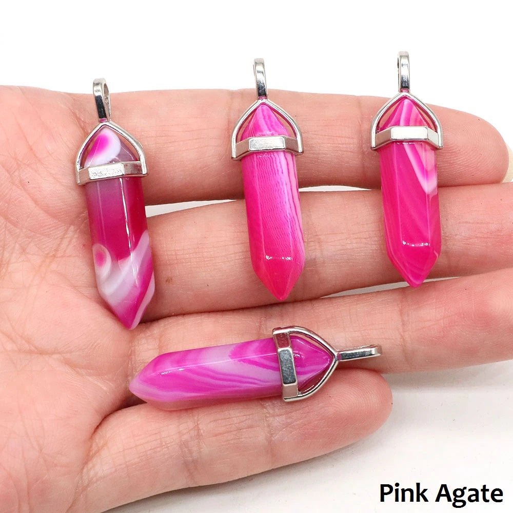 1PC Hexagonal Chakra Crystal Pendant Bullet Shape Natural Gemstone Pointed Quartz Stone Pendants for DIY Necklace Jewelry Making