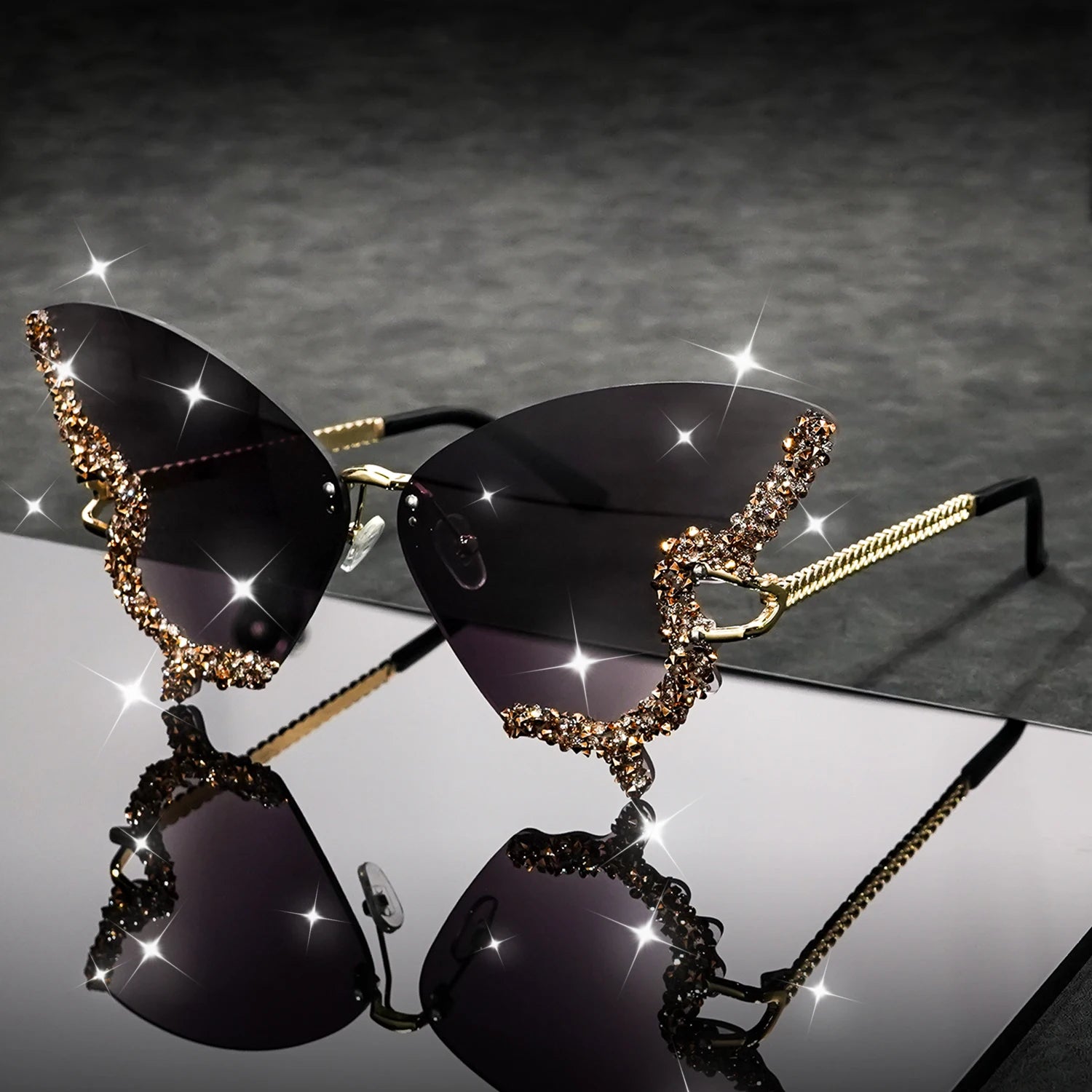 Butterfly Rimless Fashion Sunglasses for Women Men Bling Rhinestone Gradient Decorative Glasses for Costume Party
