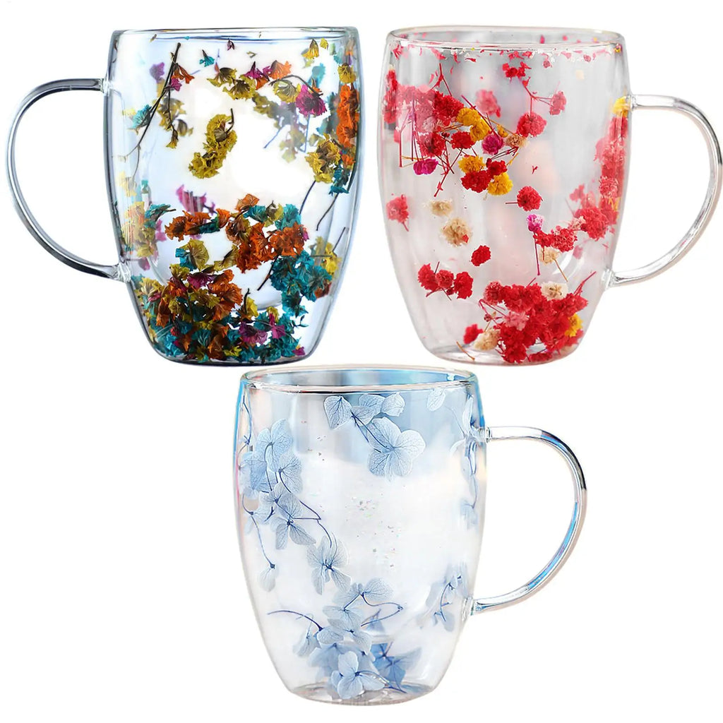 350ml Double Wall Glass Cup Dry Flowers Insulated Flowers Espresso Cup Coffee Mugs Duals Layered Glass Cups Dried Flowers