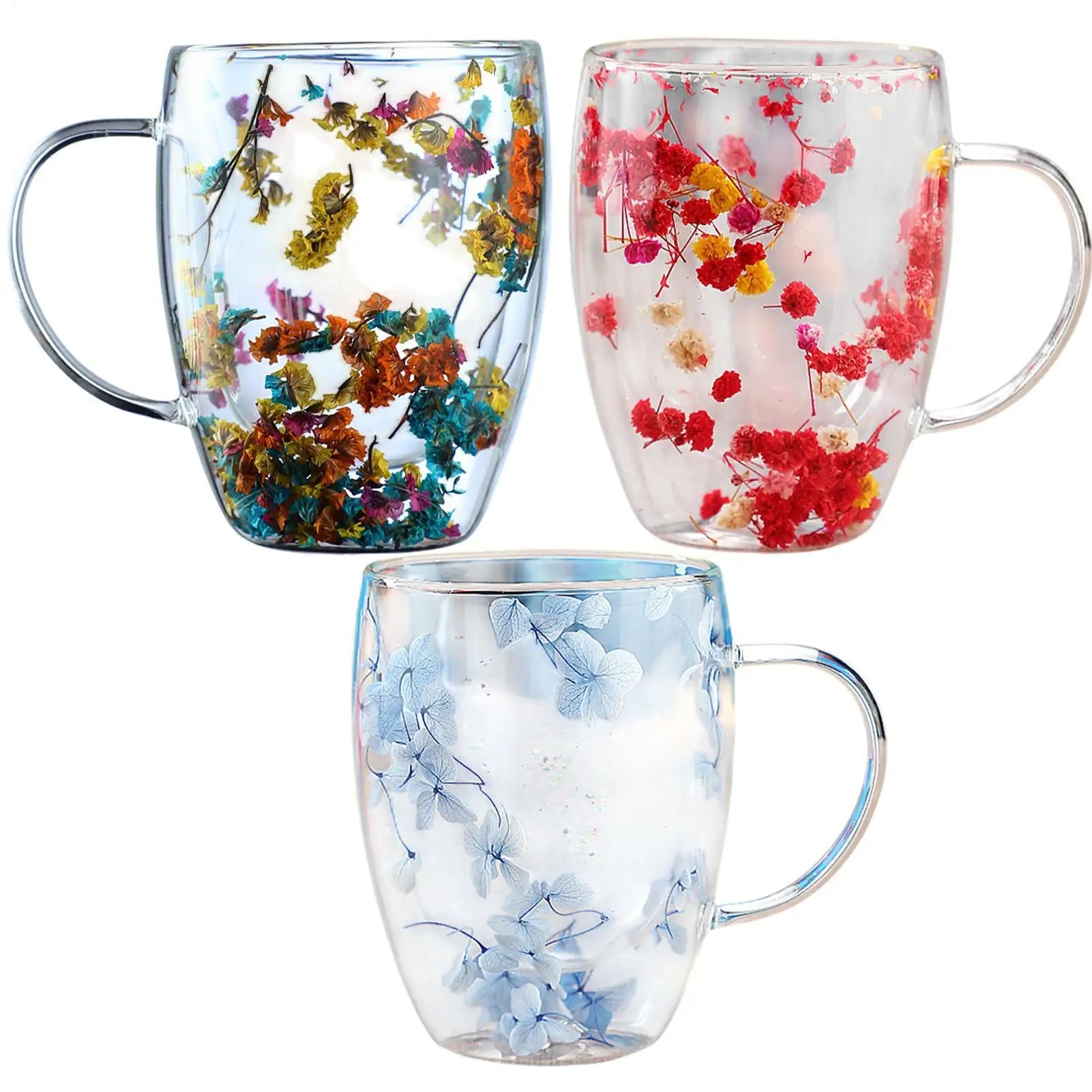 350ml Double Wall Glass Cup Dry Flowers Insulated Flowers Espresso Cup Coffee Mugs Duals Layered Glass Cups Dried Flowers