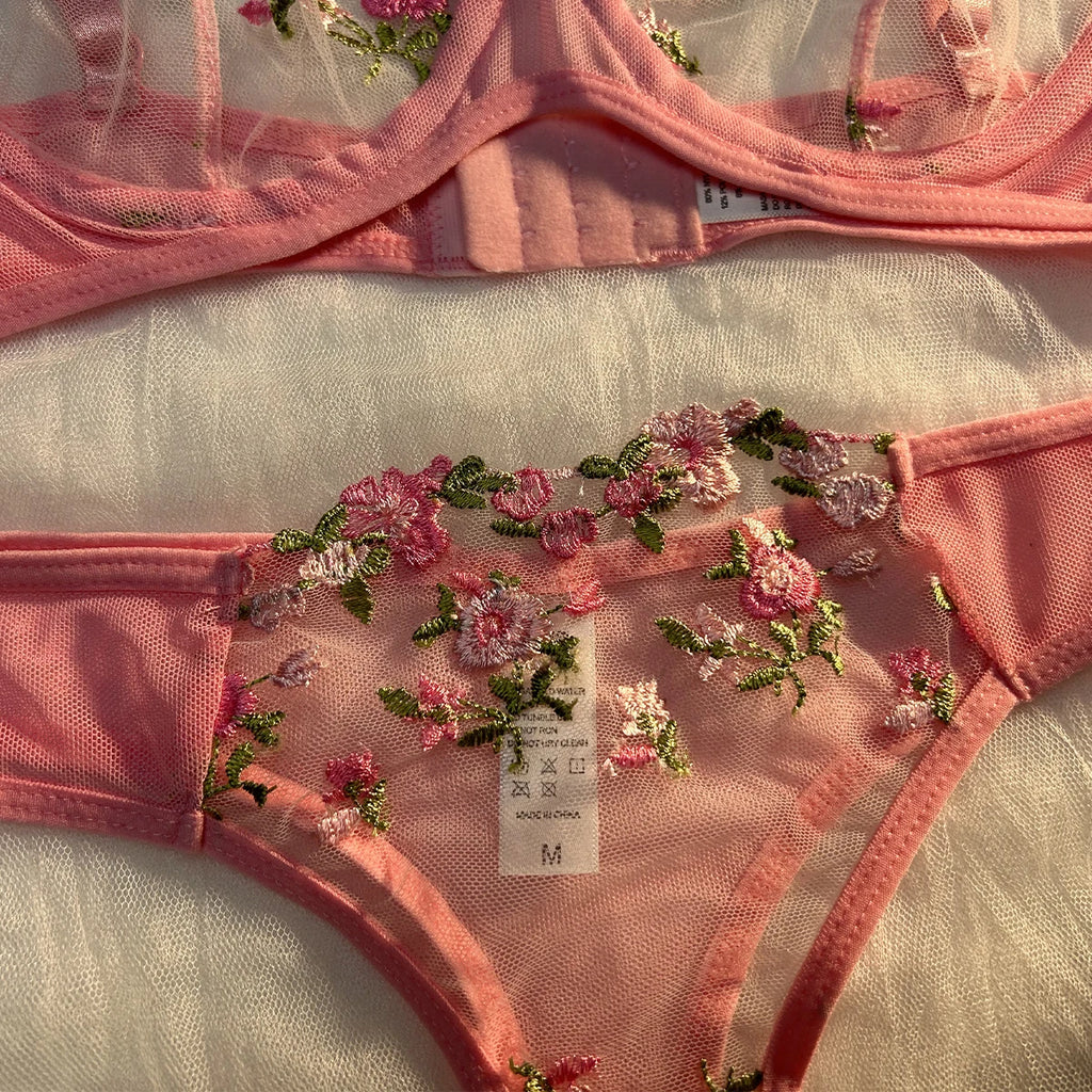 Pink Lingerie Woman Lace Underwear Fairy Embroidery Brief Sets Bra Panties Kits Breves Sets