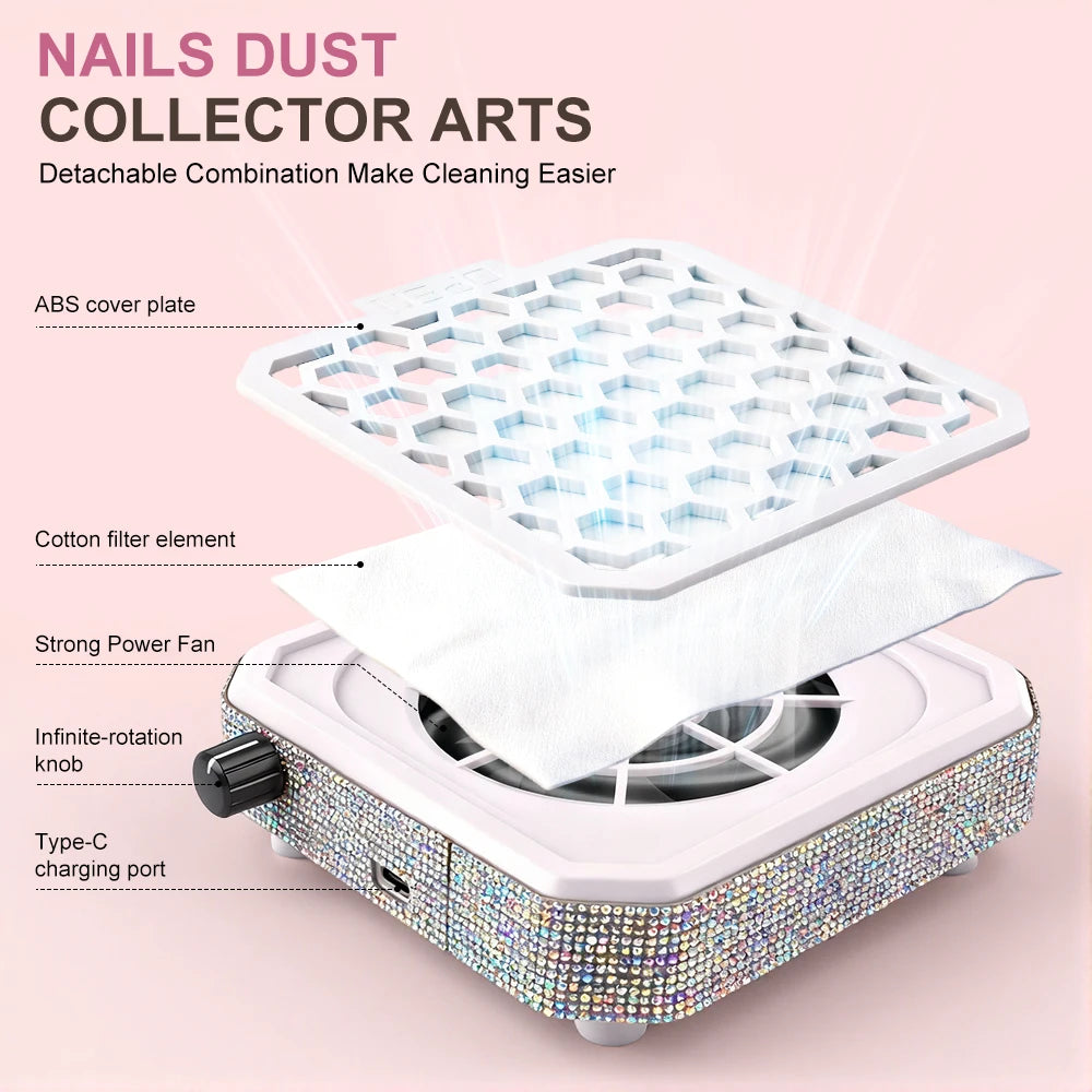 Nail Dust Collector with Rhinestones and Filter Pad, Powerful Vacuum Fan, Stepless Control Knob, Ideal for Acrylic Nail Salon To
