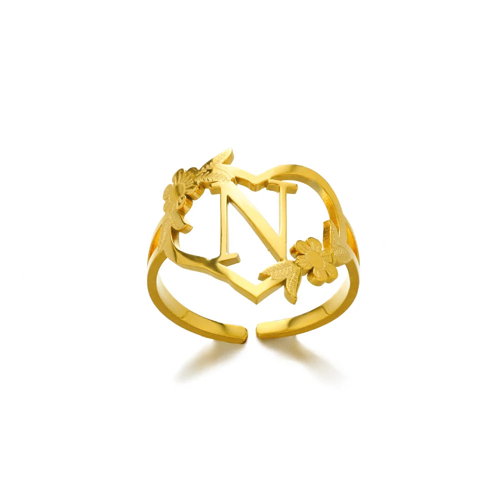 Stainless Steel Gold Color Heart A-Z Letter Rings For Women Anillos Mujer Love Open Initials Name Alphabet Ring Jewelry Gift