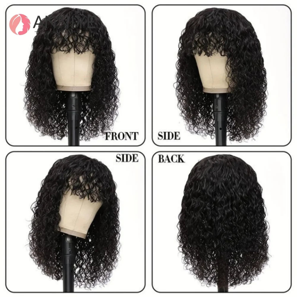 Water Wave Human Hair Wigs For Women Glueless Short Kinky Curly Bob Wig With Bangs Perruque Cheveux Humain Full Machine Made Wig