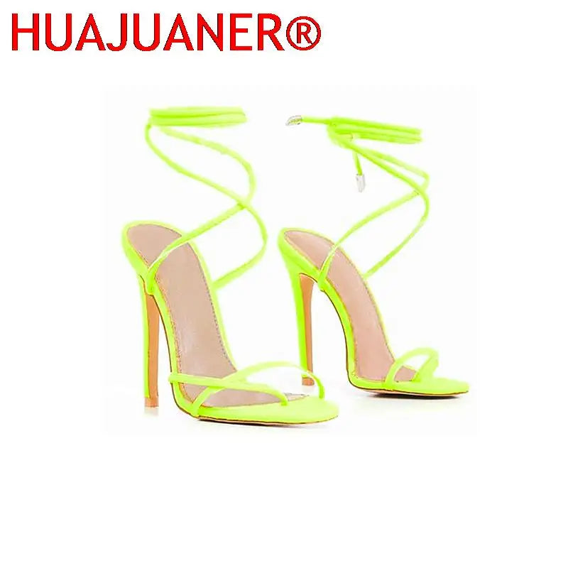 European Summer Sandals Candy Color Point Toe Lace Ankle Strap Party High Heels Pumps 11.5cm High Thin Heel Sandals Lady