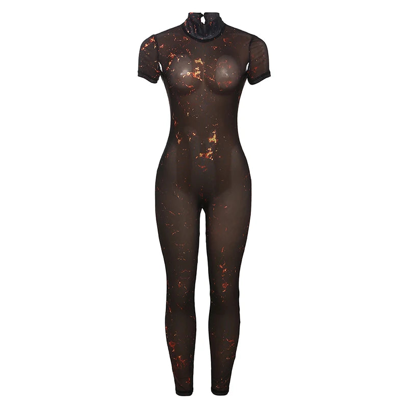 Nibber Colorful Print Jumpsuit Women Mesh  See Through Coquette Summer Backless Peach Buttocks Tight Activity Clubwear Overalls