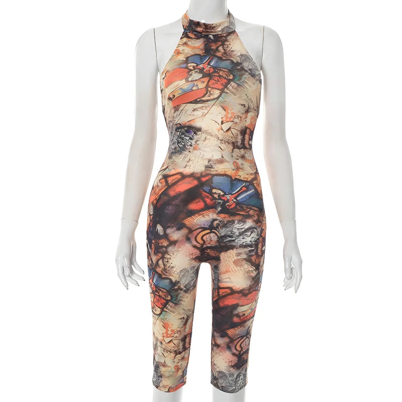 CUTENOVA Women'S Full-Body Printed Hanging Neck Big Backless Skinny Five-Point Jumpsuit Sexy Fashion Street Trend Jumpsuit