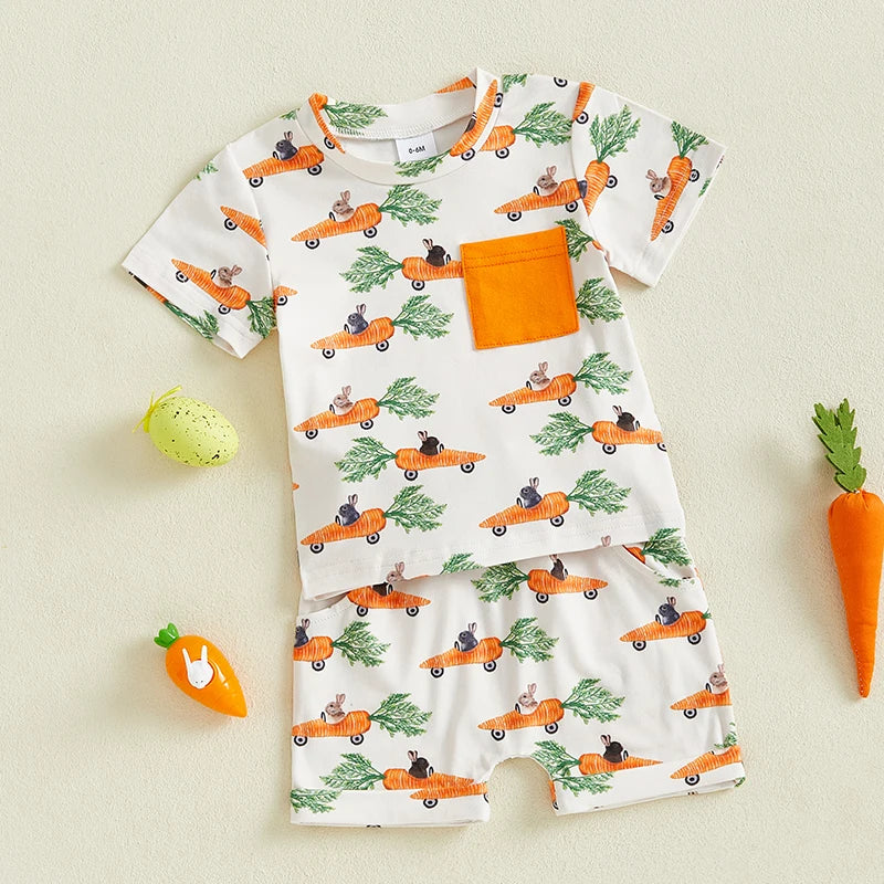 2024-12-23 Lioraitiin Summer Toddler Baby Boys Easter Outfits Bunny Pattern Crew Neck Short Sleeve T-Shirt with Shorts Set