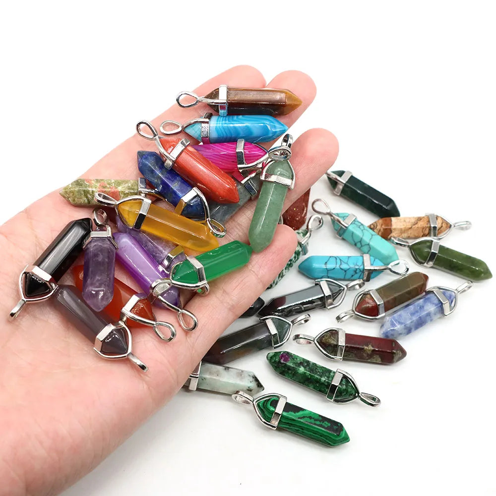 1PC Hexagonal Chakra Crystal Pendant Bullet Shape Natural Gemstone Pointed Quartz Stone Pendants for DIY Necklace Jewelry Making