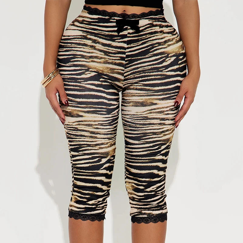 CUTENOVA Sexy Hottie Lace Edge Bow Decoration Leopard Print Slim Seven Pants Summer New Women'S Fashion Street Casual Seven Pant