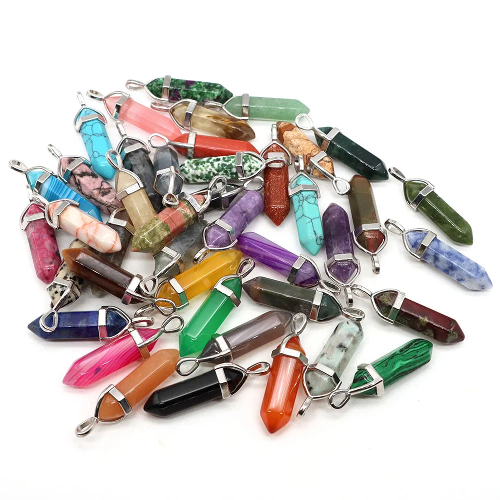 1PC Hexagonal Chakra Crystal Pendant Bullet Shape Natural Gemstone Pointed Quartz Stone Pendants for DIY Necklace Jewelry Making