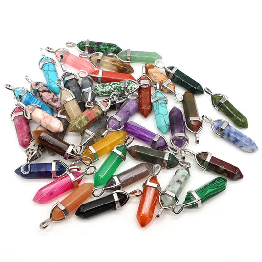1PC Hexagonal Chakra Crystal Pendant Bullet Shape Natural Gemstone Pointed Quartz Stone Pendants for DIY Necklace Jewelry Making