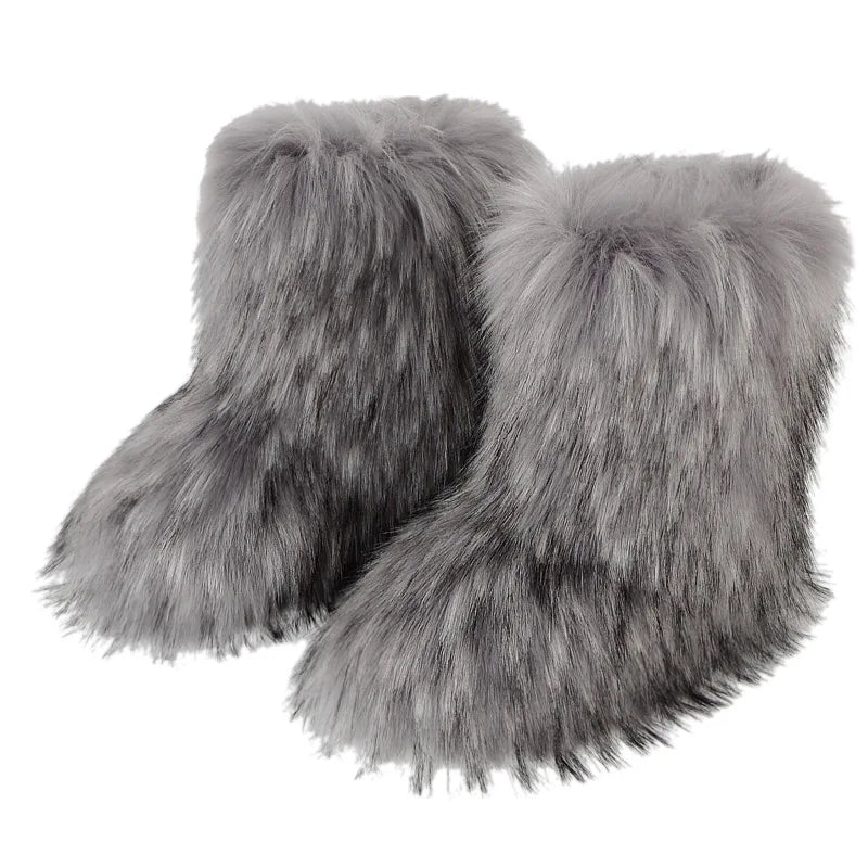New Winter Fur Onepiece Raccoon Fur Female Snow Boots Fur Shoes Outdoor Mid Leg Boots