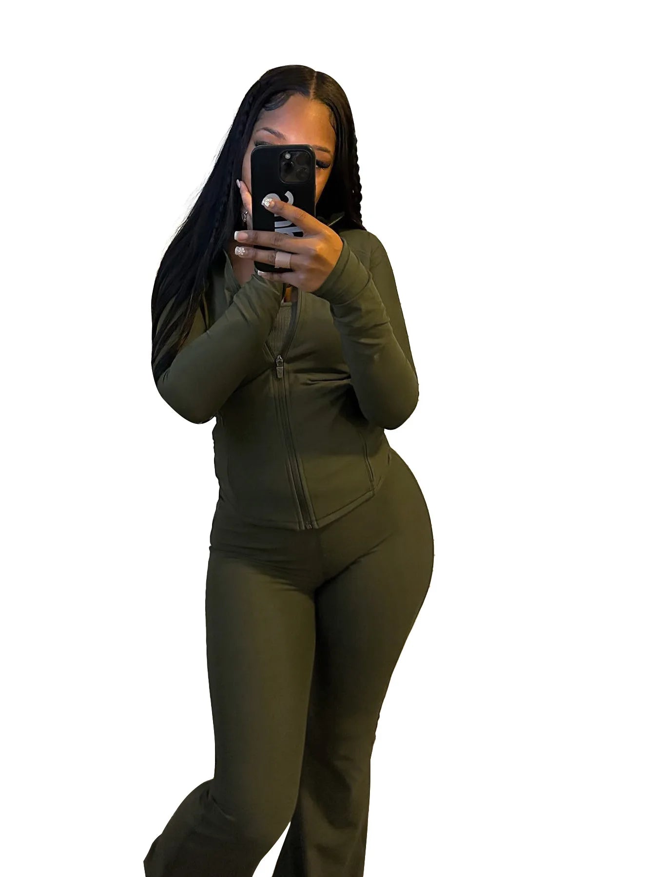 Pant Sets Two Piece Set Women Sexy Slim Fit Zipper Top Stand Collar Solid Sporty Casual Splice Flare Pants Elastic Waist