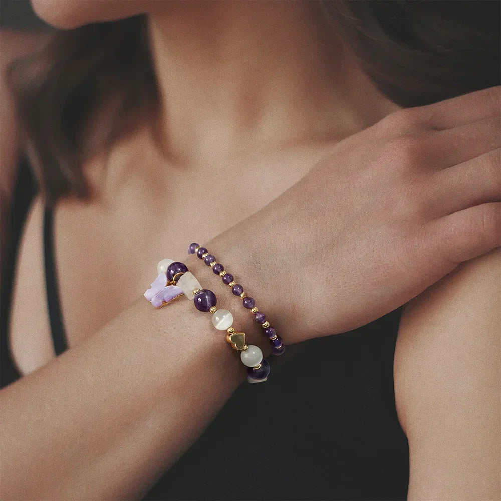 2pcs Rose Quartzs Beaded Bracelet Crystal Butterfly Charm Natural Stone Gravel Chip Round Beads Bracelets For Women Men Jewelry