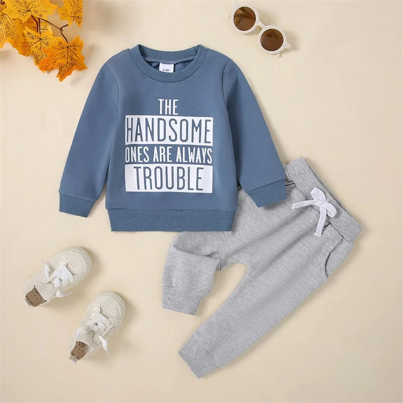 Pudcoco Infant Newborn Baby Boy Fall Outfit Letter Print Long Sleeve Sweatshirt Elastic Waist Pants with 3D Bow 2 Piece Set 0-3T