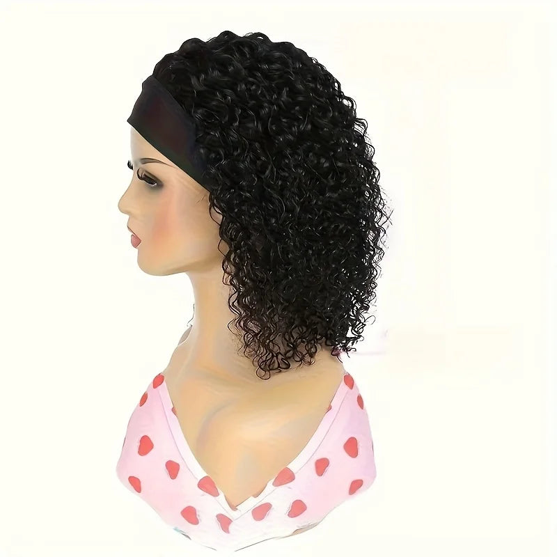 200% Density Human Hair Wig Short Headband Bob Wig Natural Black Short Curly Bob Cut Glueless Kinky Curly Headband Wig