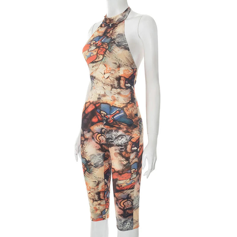 CUTENOVA Women'S Full-Body Printed Hanging Neck Big Backless Skinny Five-Point Jumpsuit Sexy Fashion Street Trend Jumpsuit