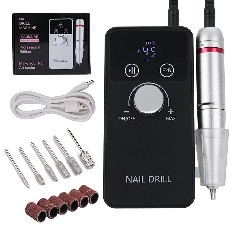 New 45000RPM Professional Electric Nail Drill Machine Rechargeable Nail File Nails Accessories Gel Nail Polish Sander Low Noise