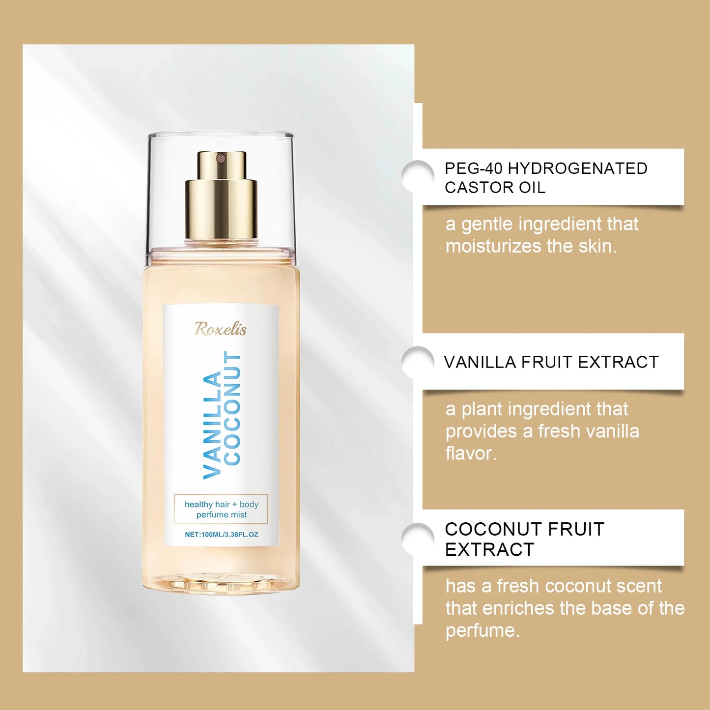 Vanilla Coconut Body Hair Mist - Long Lasting Fresh Romantic Fragrance, Travel Size Portable Spray Women Men Daily & Dating Use