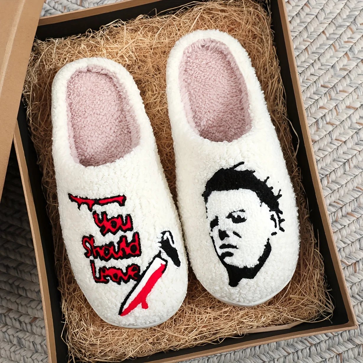 Halloween-themed plush slippers, featuring open-toe design for comfort and warmth, as well as  for indoor floor slippers