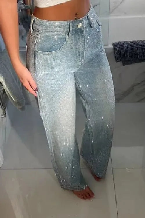 Jeans for Women Straight Diamonds Pants Stretch High Waist Washed Mom Jeans Vintage Denims Streetwear Y2k Streetwear Trousers