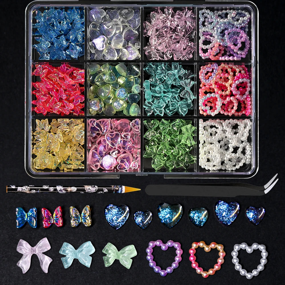 12/15Grids Acrylic Flower Nail Charms Mix Colors Set 3D Flower Nail Art Rhinestones Mixed Blossom Spring Gems DIY Nail Supplies