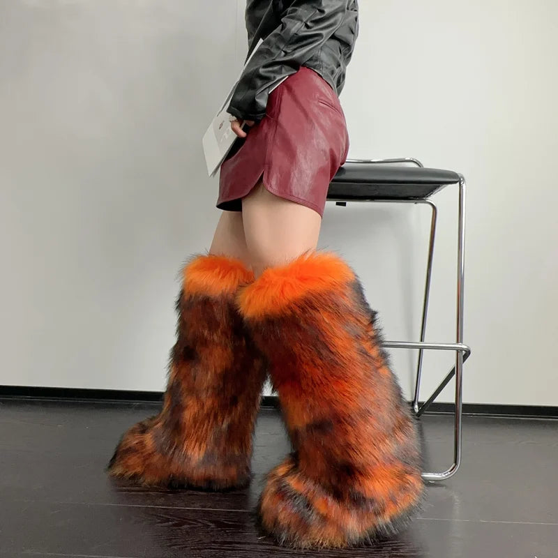 Womens Knee High Fuzzy Faux Fur Boots - Soft, Warm, and Comfortable Slip-on Design Furry Boots For Fall Winter