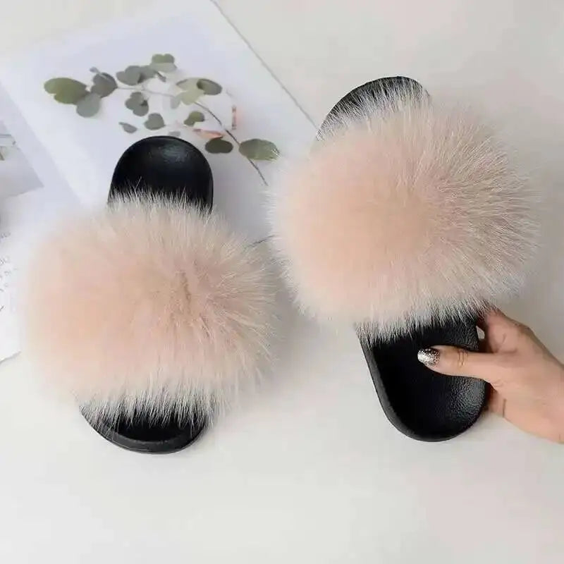 Ladies Real Fox Fur Slippers Summer Female Slides New Fuzzy Indoor Home Flats Women Cute Sandals Outdoor Beach Shoes Flip Flops