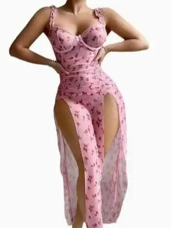 Pajamas Women's Night Dress Suspenders Rose Print Split Fork Nightgowns Slim Fit Home Wear Mesh Sleeveless Sexy Dress Sweet 5HEN