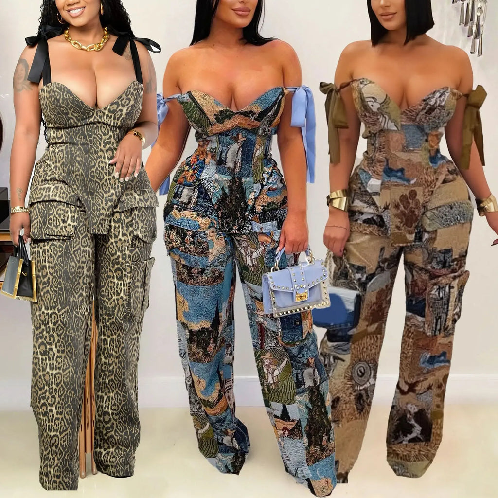 Oil Painting Printed Women's Set Lace Up Back Crop Top and Pants Suit 2025 Fall Winter Two 2 Piece Sets Outfit Tracksuit
